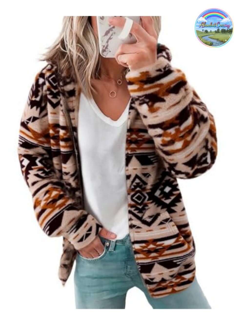 Women's Aztec Print Sherpa Fleece Zip Up Hooded Jacket